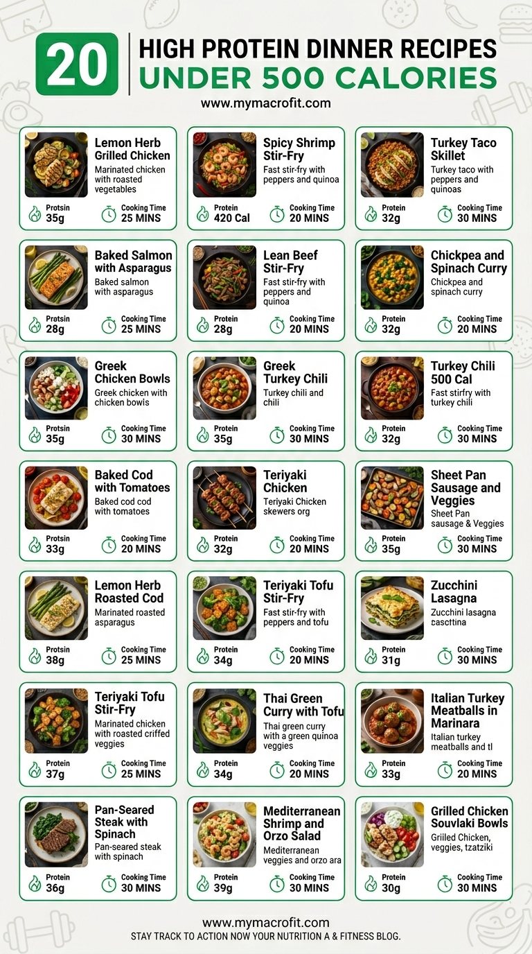 20 high protein dinner recipes under 500 calories, protein content, cooking time, and recipe overview