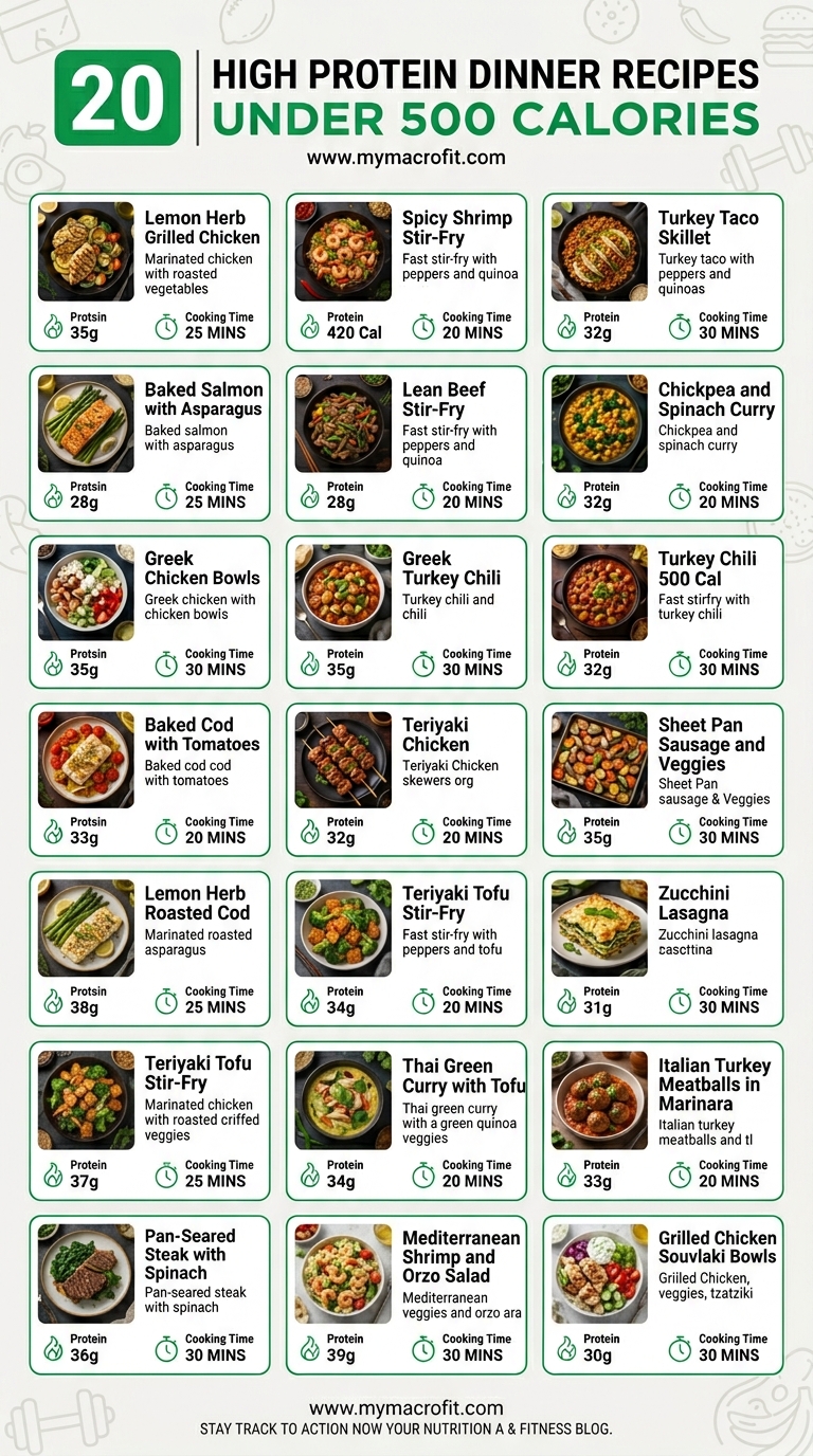 20 high protein dinner recipes under 500 calories, protein content, cooking time, and recipe overview