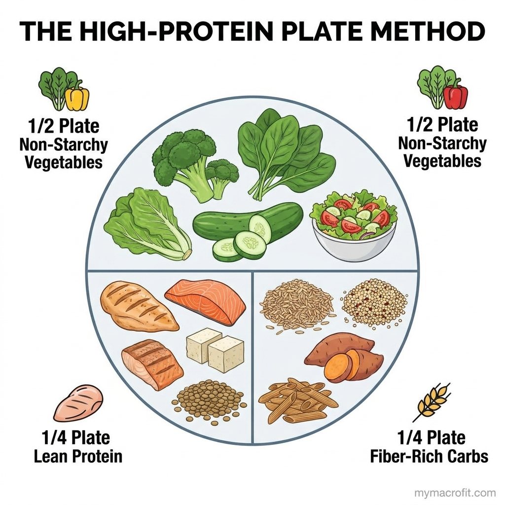 How to build a high-protein low-calorie meal, protein source first, then volume vegetables, then small carb portion