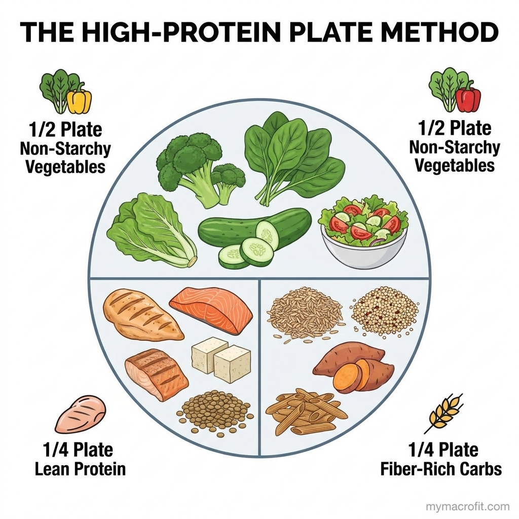 How to build a high-protein low-calorie meal, protein source first, then volume vegetables, then small carb portion