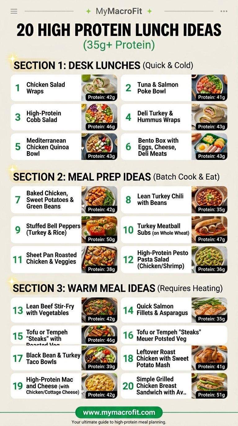 20 high protein lunch ideas with 35g+ protein each, desk lunches, meal prep options, and warm meal ideas