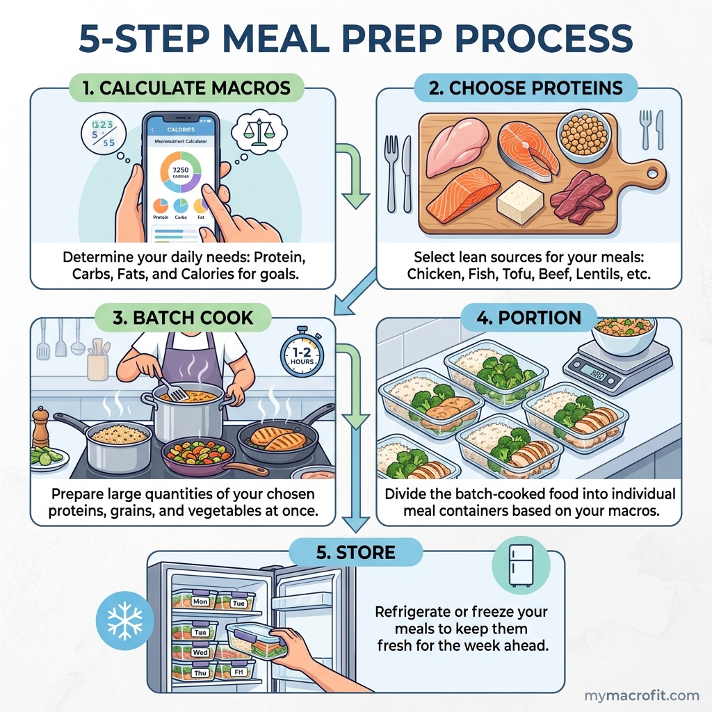 High protein meal prep, 5 weekly meals with 35g+ protein each, prep times and storage tips