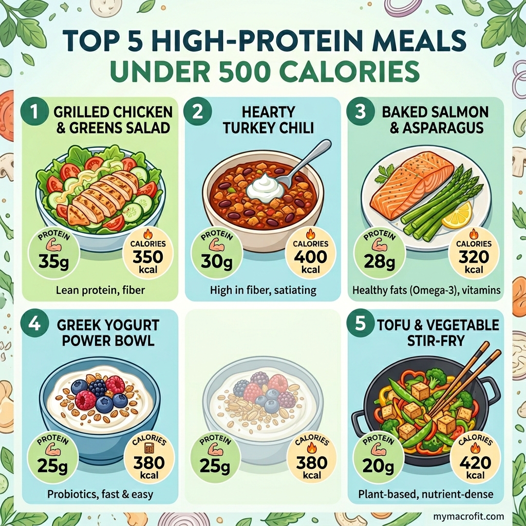 15 High-Protein Meals Under 500 Calories for Fat Loss infographic