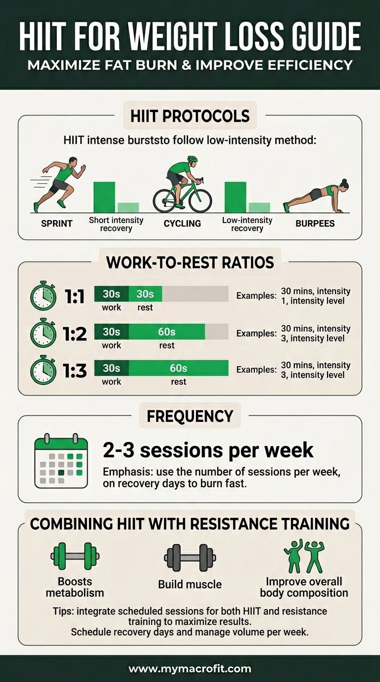 HIIT for weight loss guide, protocols, work-to-rest ratios, frequency, and how to combine HIIT with resistance training