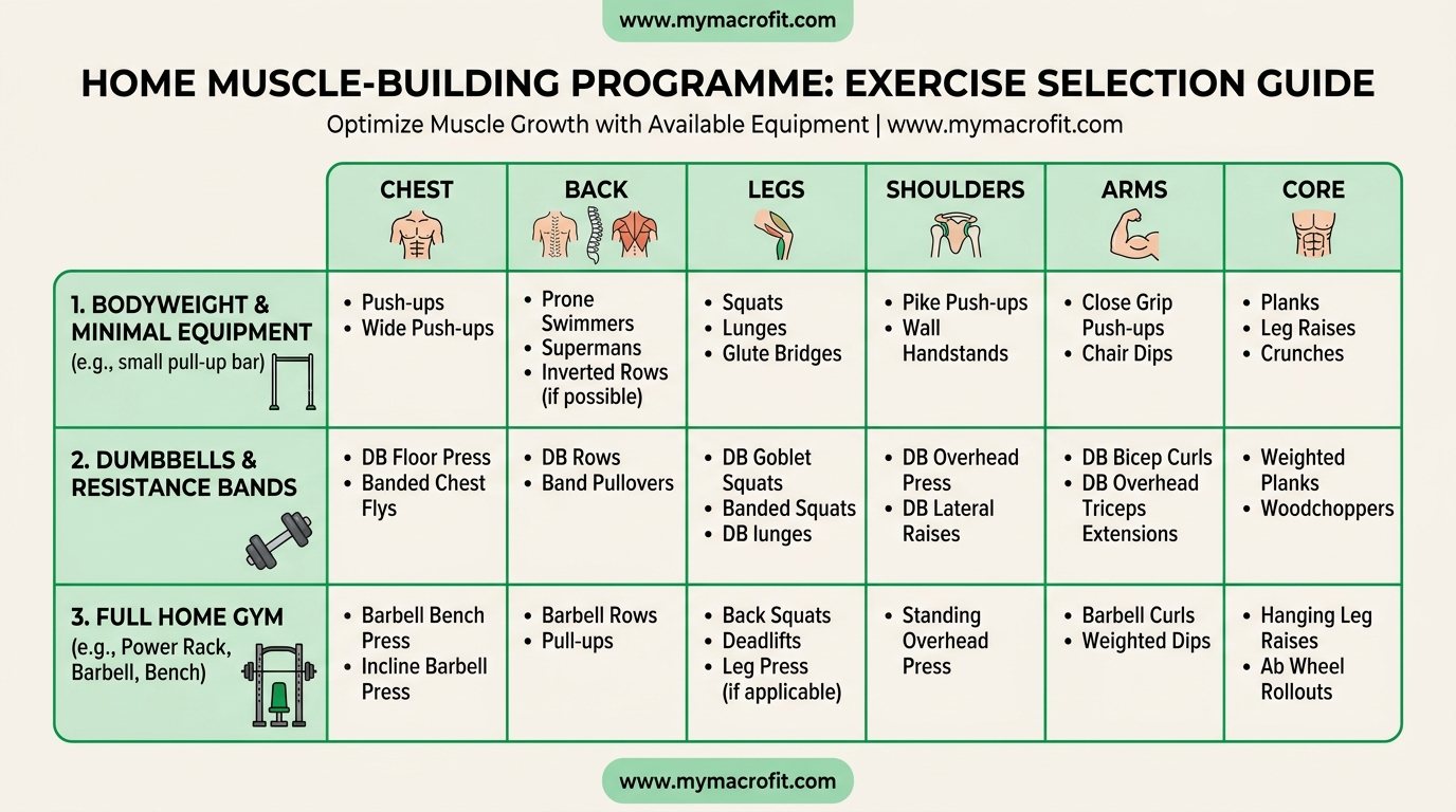 Home workout muscle building programme, exercise selection by equipment level and muscle groups covered