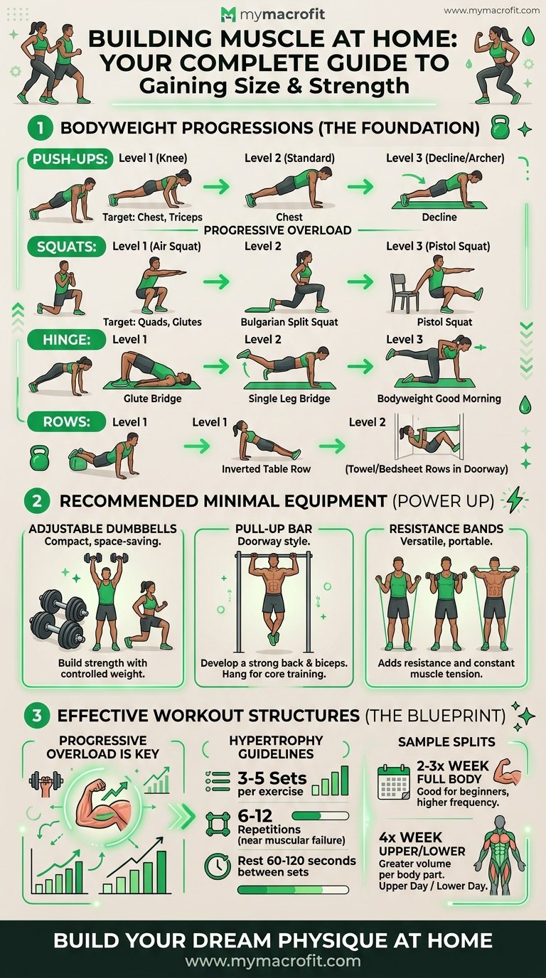 Building muscle at home, bodyweight progressions, recommended minimal equipment, and effective home workout structure