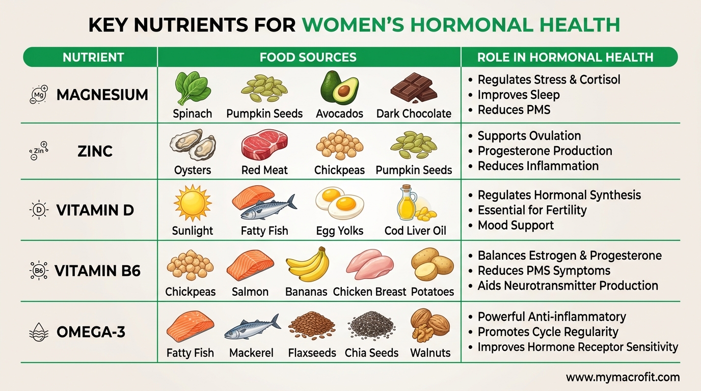 Key nutrients for hormonal health in women, showing magnesium, zinc, vitamin D, B6, omega-3 sources and roles