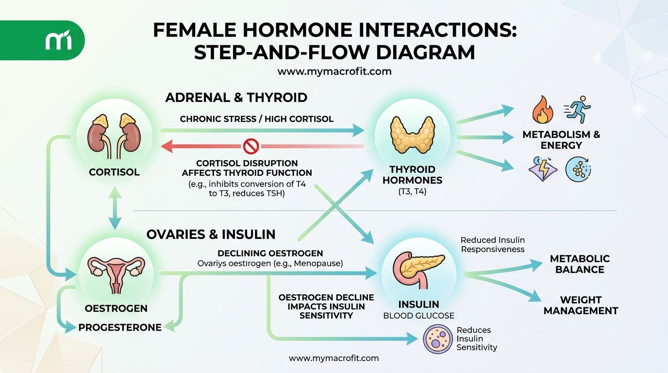 Female hormone interactions diagram, showing how cortisol, insulin, oestrogen, progesterone and thyroid hormones interact
