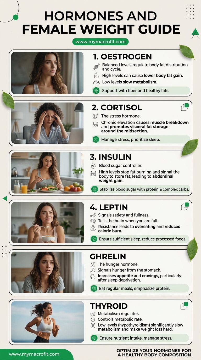 Hormones and female weight guide, oestrogen, cortisol, insulin, leptin, ghrelin, thyroid and how each affects body composition