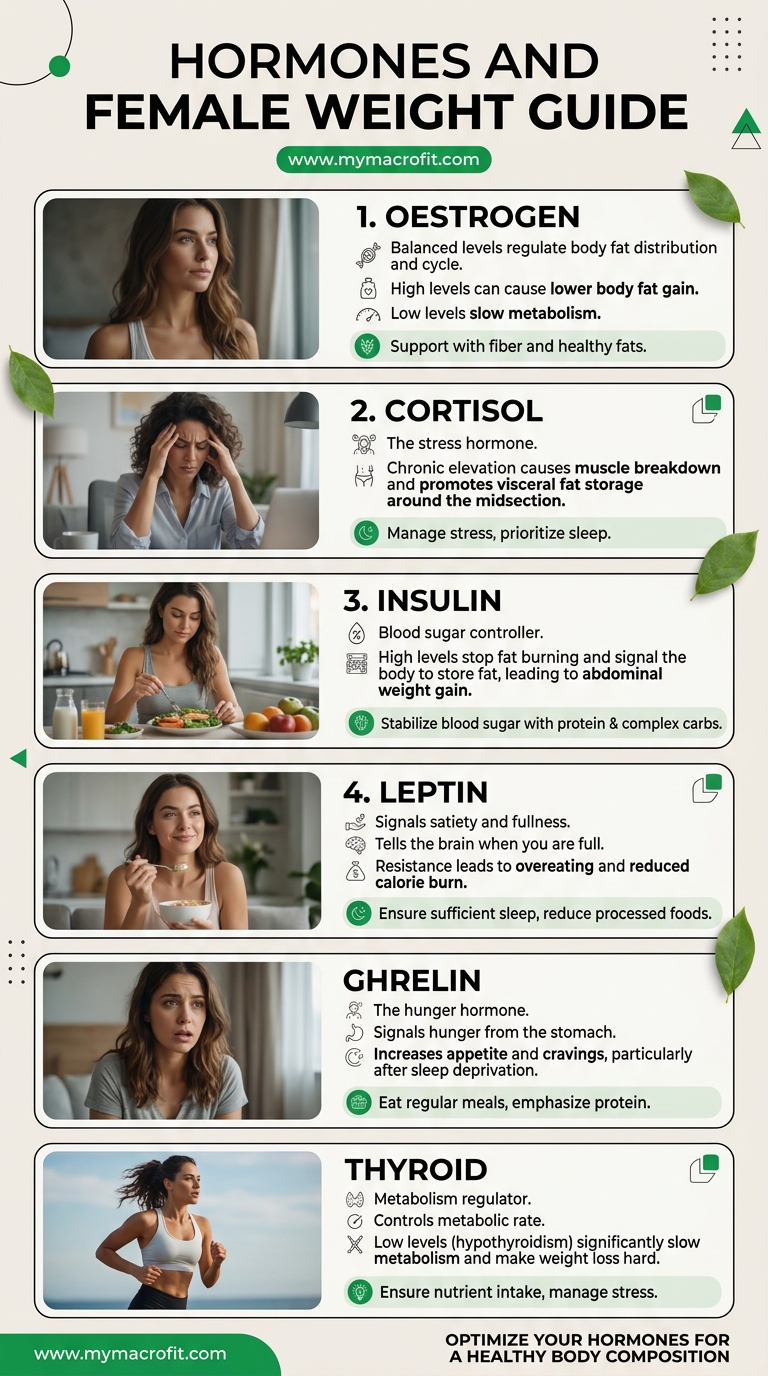 Hormones and female weight guide, oestrogen, cortisol, insulin, leptin, ghrelin, thyroid and how each affects body composition