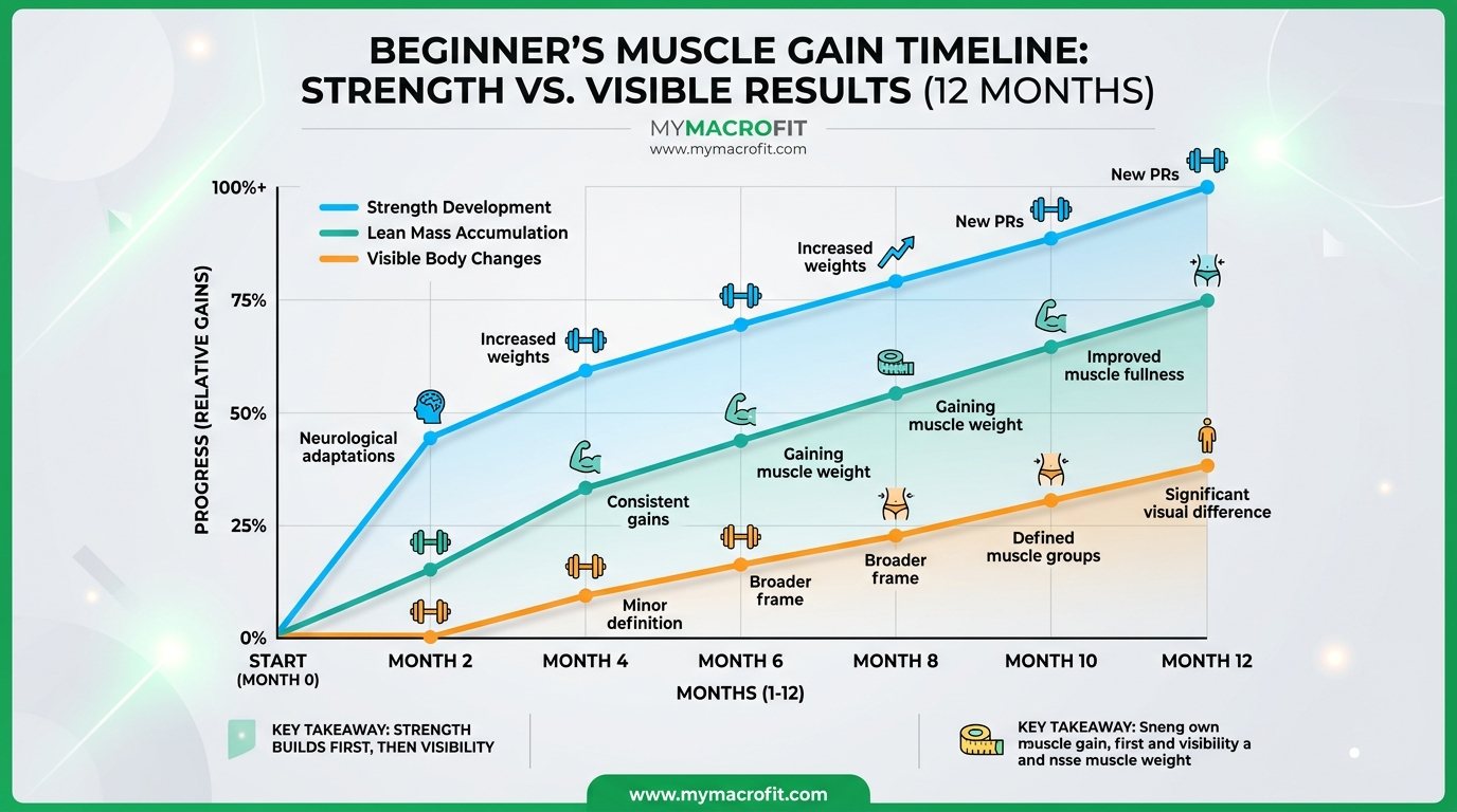 Muscle gain timeline chart, showing lean mass accumulation, strength development, and visible changes by month for beginners