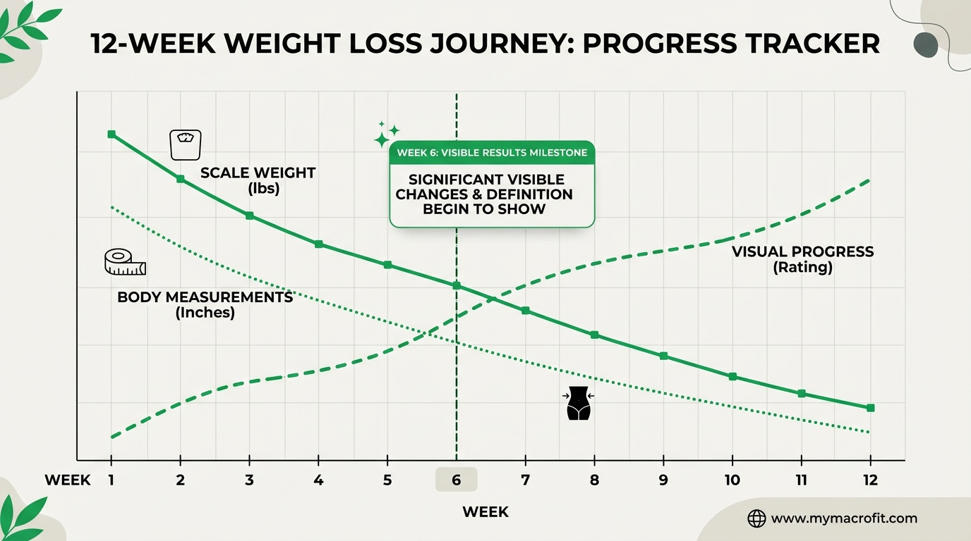 Weight loss progress by week, expected scale changes, measurement changes and visual changes across a 12-week timeline