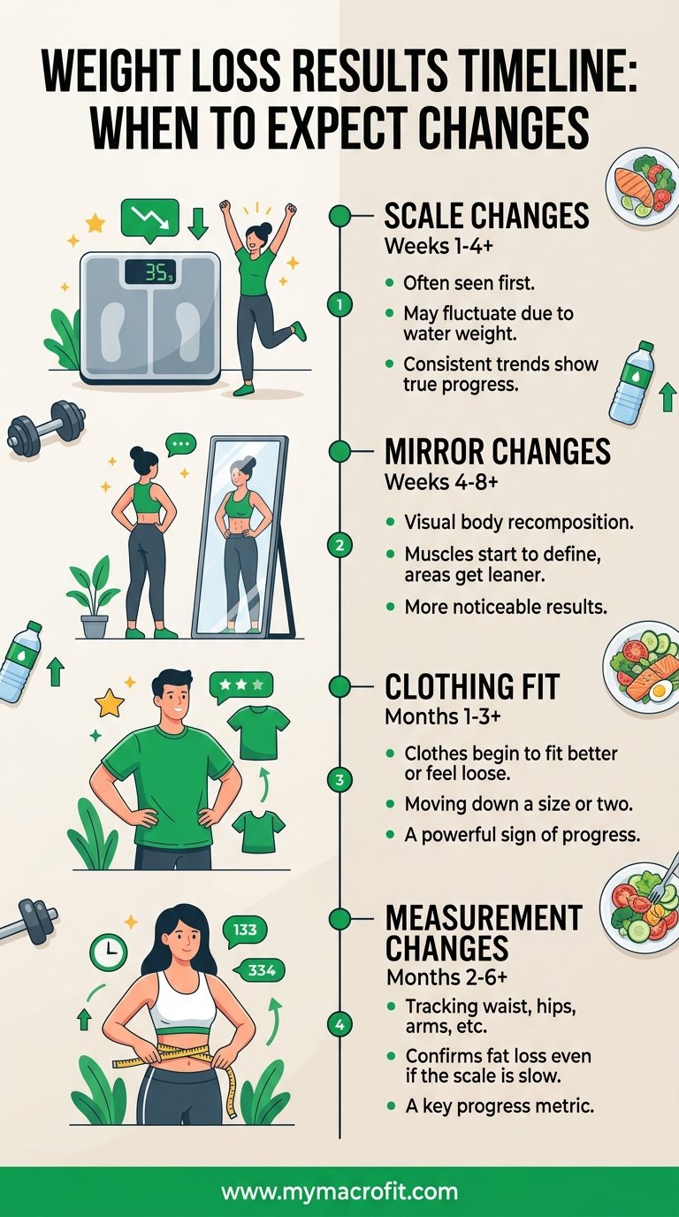 Weight loss results timeline, when to expect scale changes, mirror changes, clothes changes and measurement changes