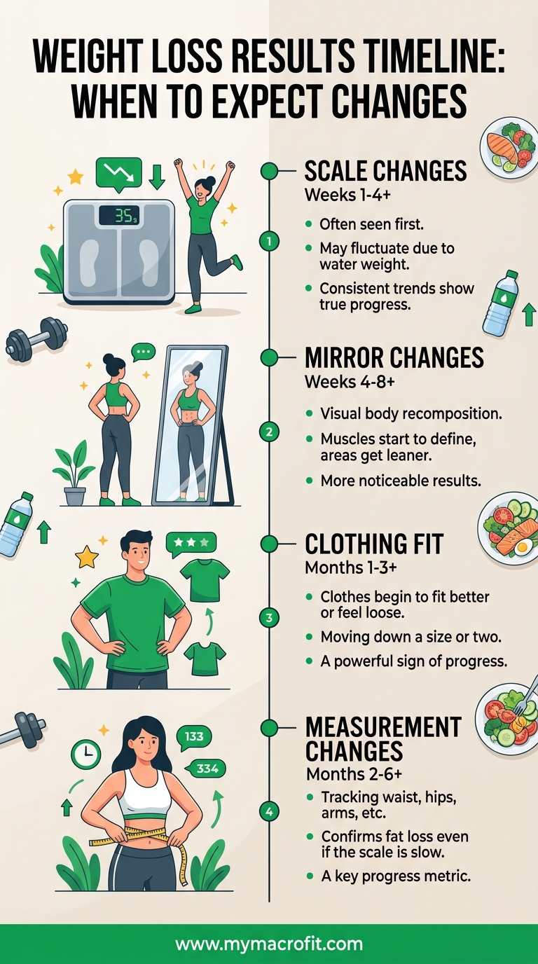 Weight loss results timeline, when to expect scale changes, mirror changes, clothes changes and measurement changes
