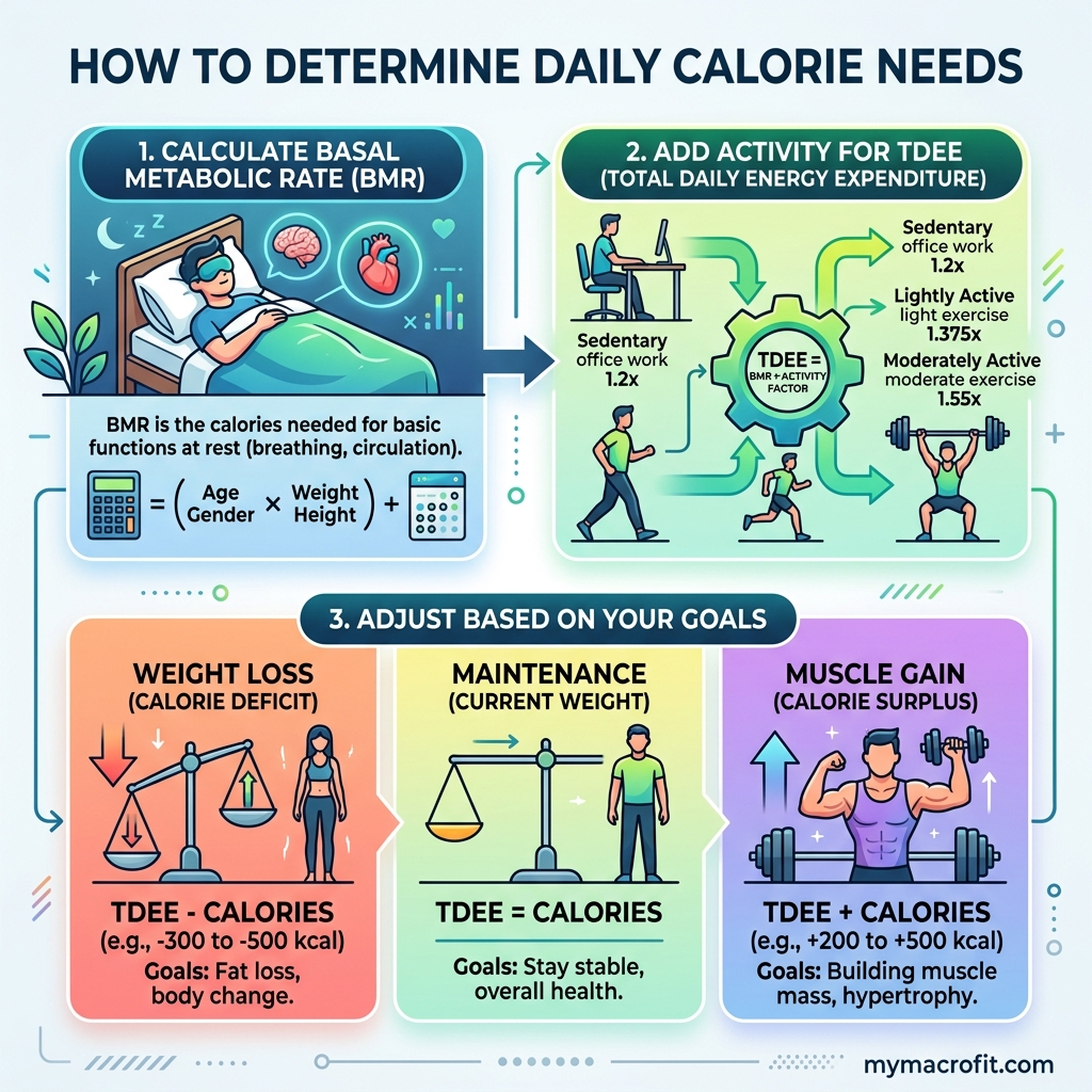 How many calories should I eat infographic — BMR calculation, activity multipliers, and calorie targets by goal