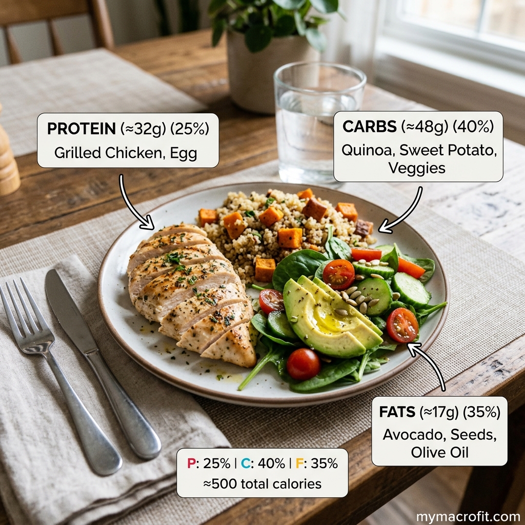 Person logging food in a calorie tracking app with a food scale and meal prep containers on the kitchen counter
