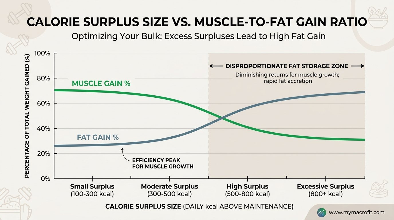 Calorie surplus and muscle:fat gain ratio, showing how larger surpluses increasingly produce fat rather than muscle