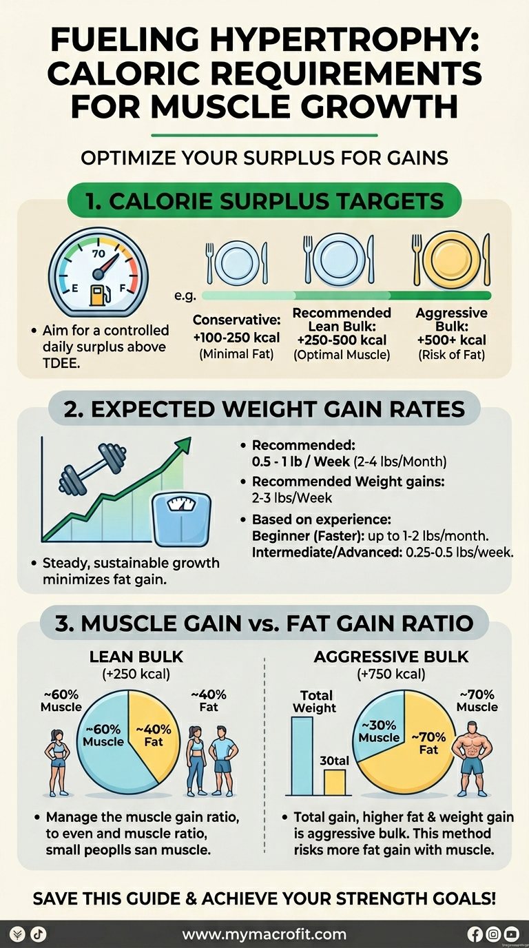 How many calories to build muscle, calorie surplus targets, expected weight gain rates, and muscle vs fat gain ratios