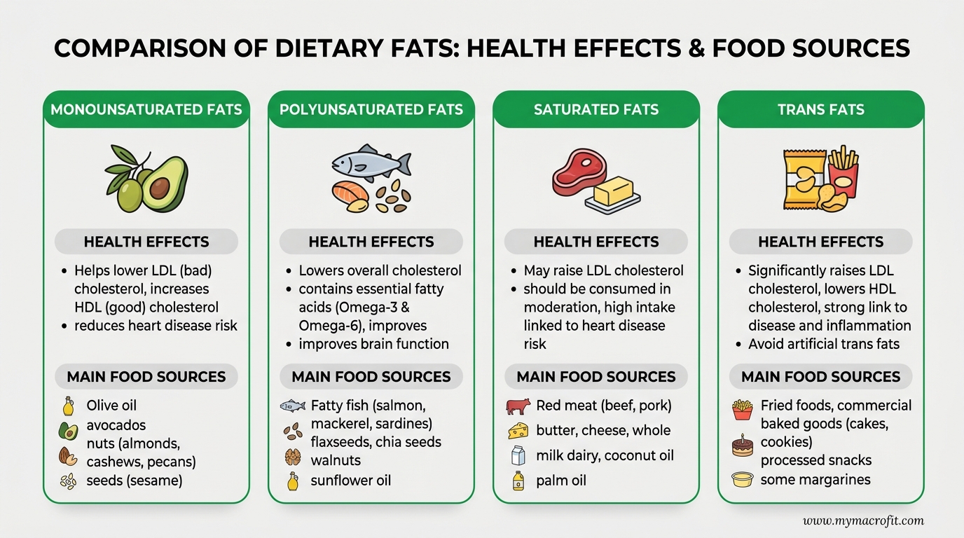 Fat types comparison, monounsaturated, polyunsaturated, saturated and trans fats with health effects and main food sources