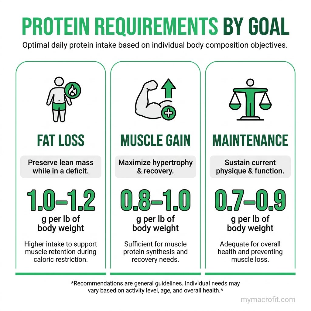 Daily protein needs, body weight formula showing 1.6-2.2g per kg with examples at 60kg, 75kg and 90kg