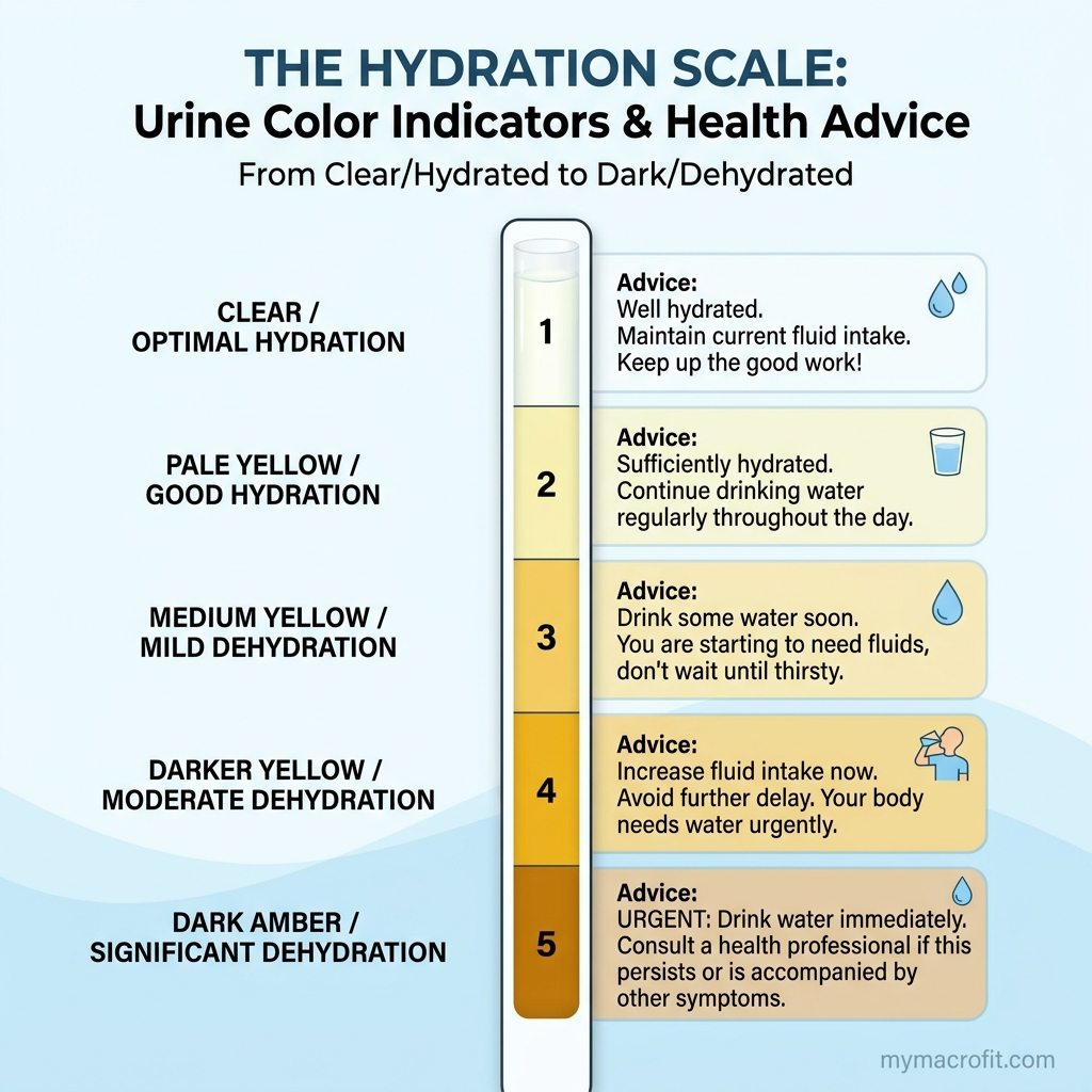 Urine colour hydration chart, from pale yellow (well hydrated) through dark amber to brown (seek medical advice)