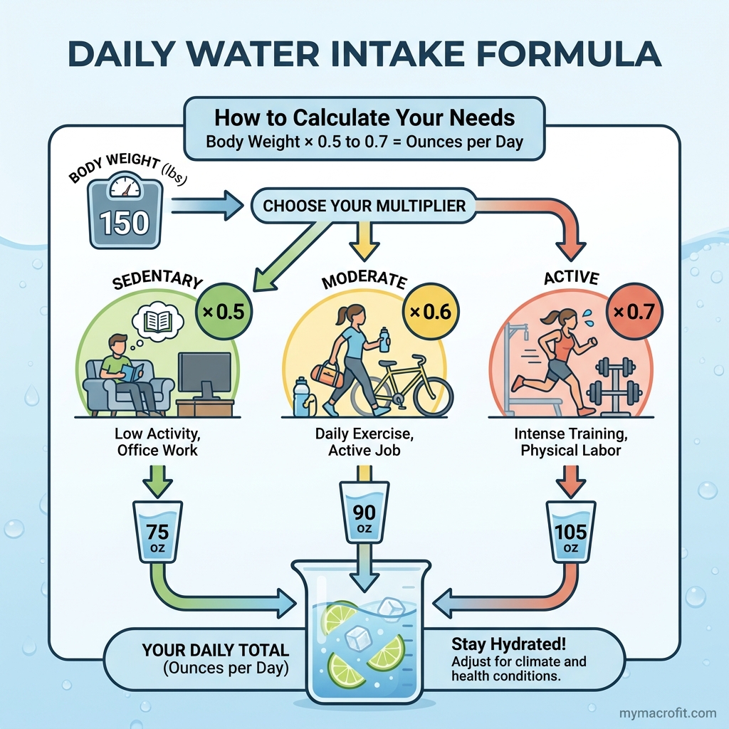 Daily water intake formula, body weight in kg × 35ml, with adjustments for exercise, heat and breastfeeding