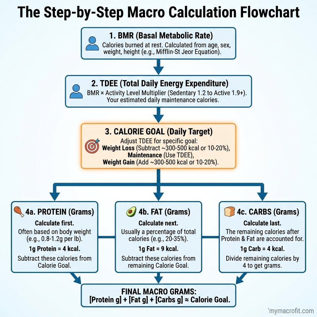 Macro tracking app diagram showing daily protein, carbs and fat targets vs actual intake