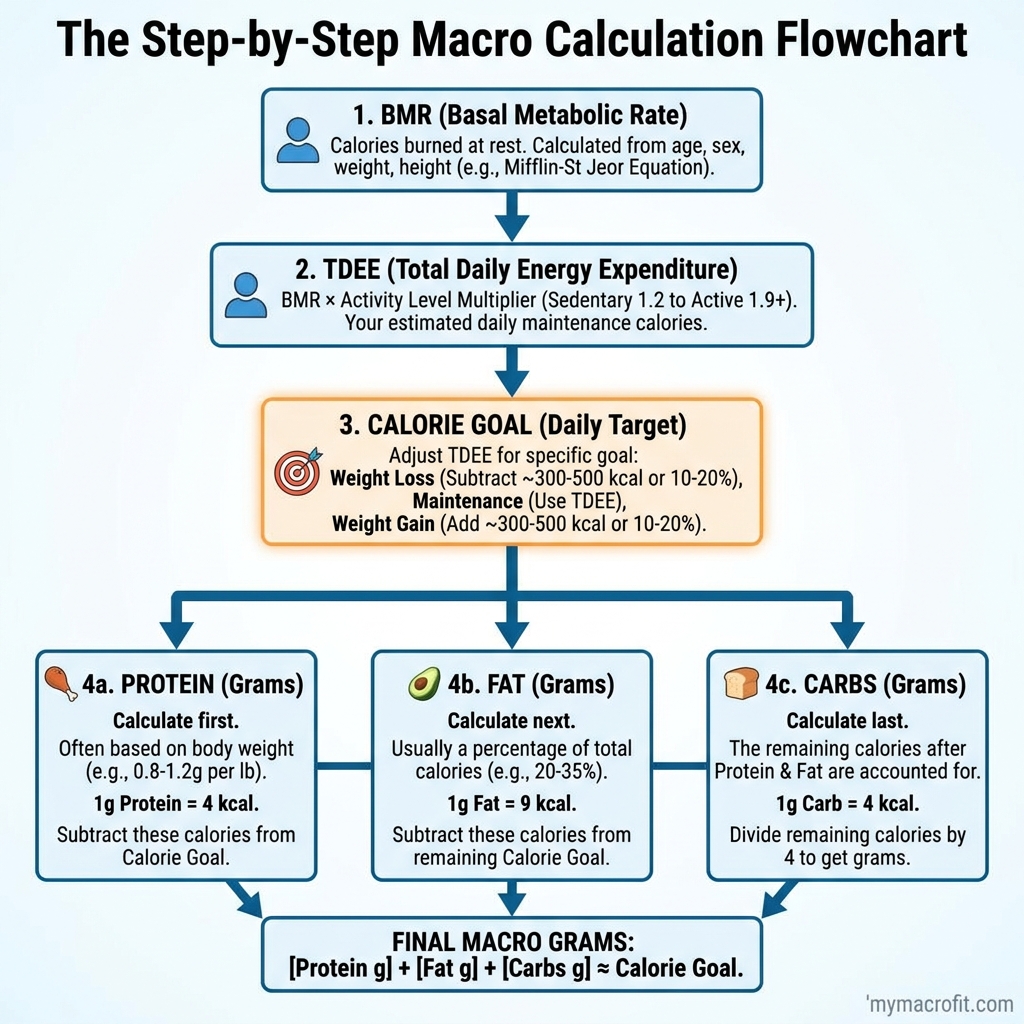 Macro tracking app diagram showing daily protein, carbs and fat targets vs actual intake