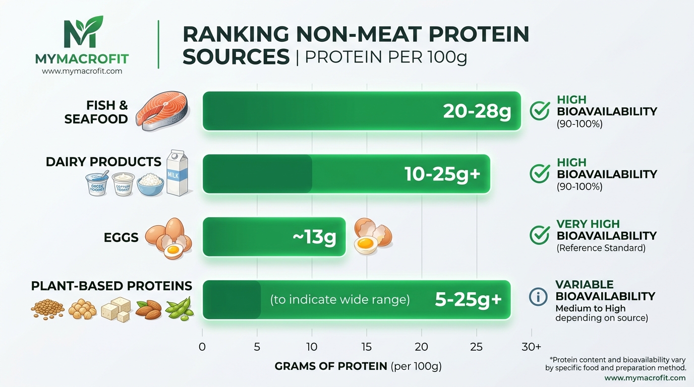 Non-meat protein sources ranked by protein per 100g, showing fish, dairy, eggs and plant proteins with bioavailability comparison