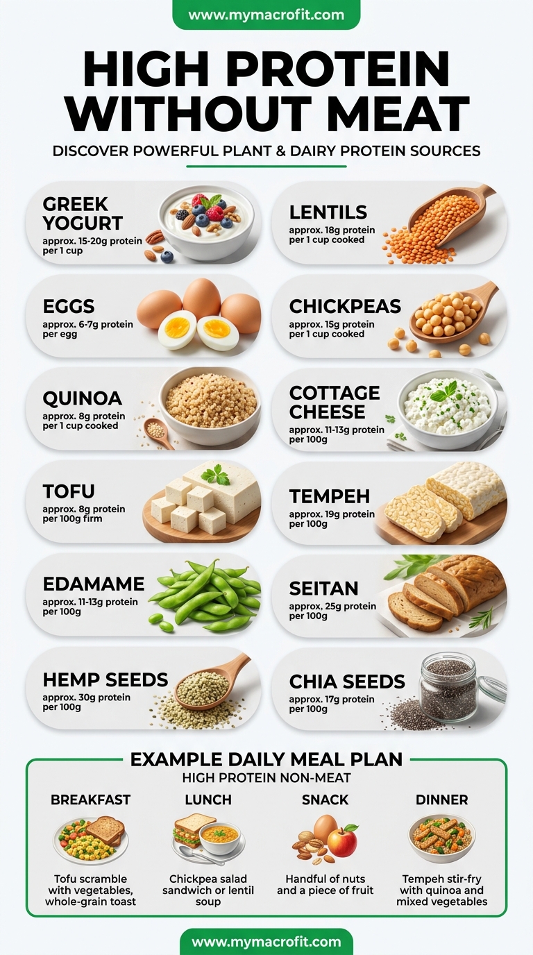 High protein without meat, complete list of non-meat protein sources with protein content, and daily meal plan examples