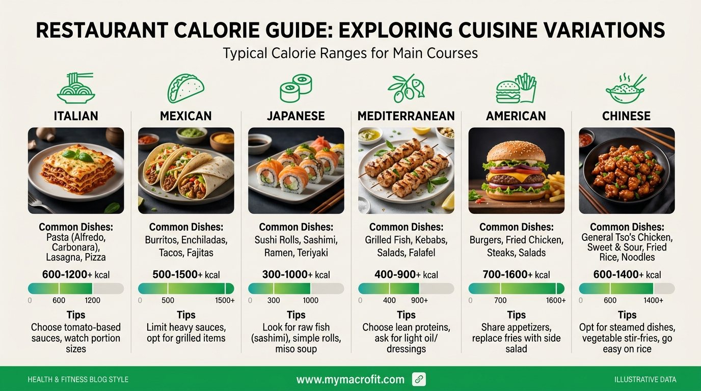 Restaurant calorie guide by cuisine type, typical calorie ranges for main courses across different restaurant styles
