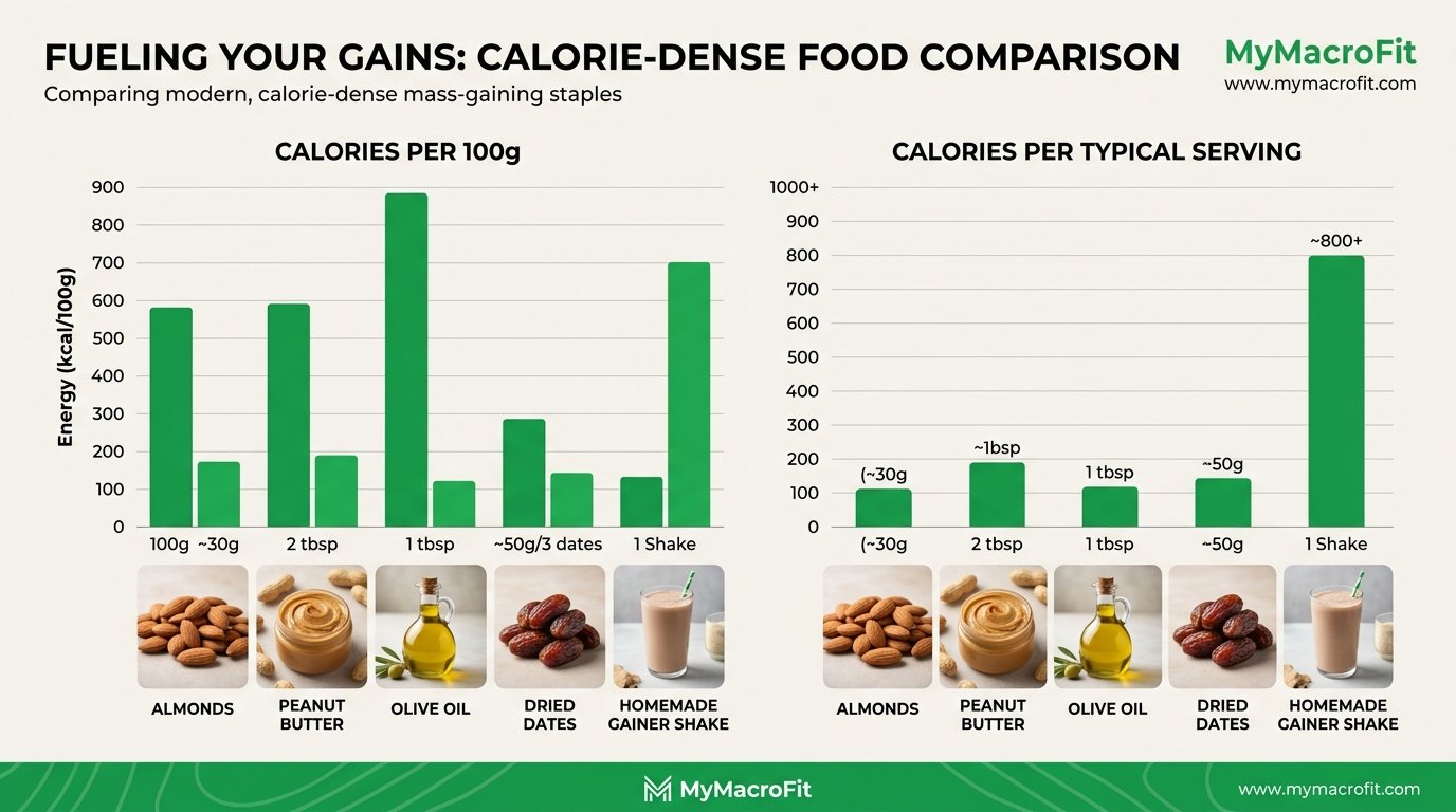 Calorie-dense foods for healthy weight gain, calories per 100g and per typical serving for mass-gaining staples