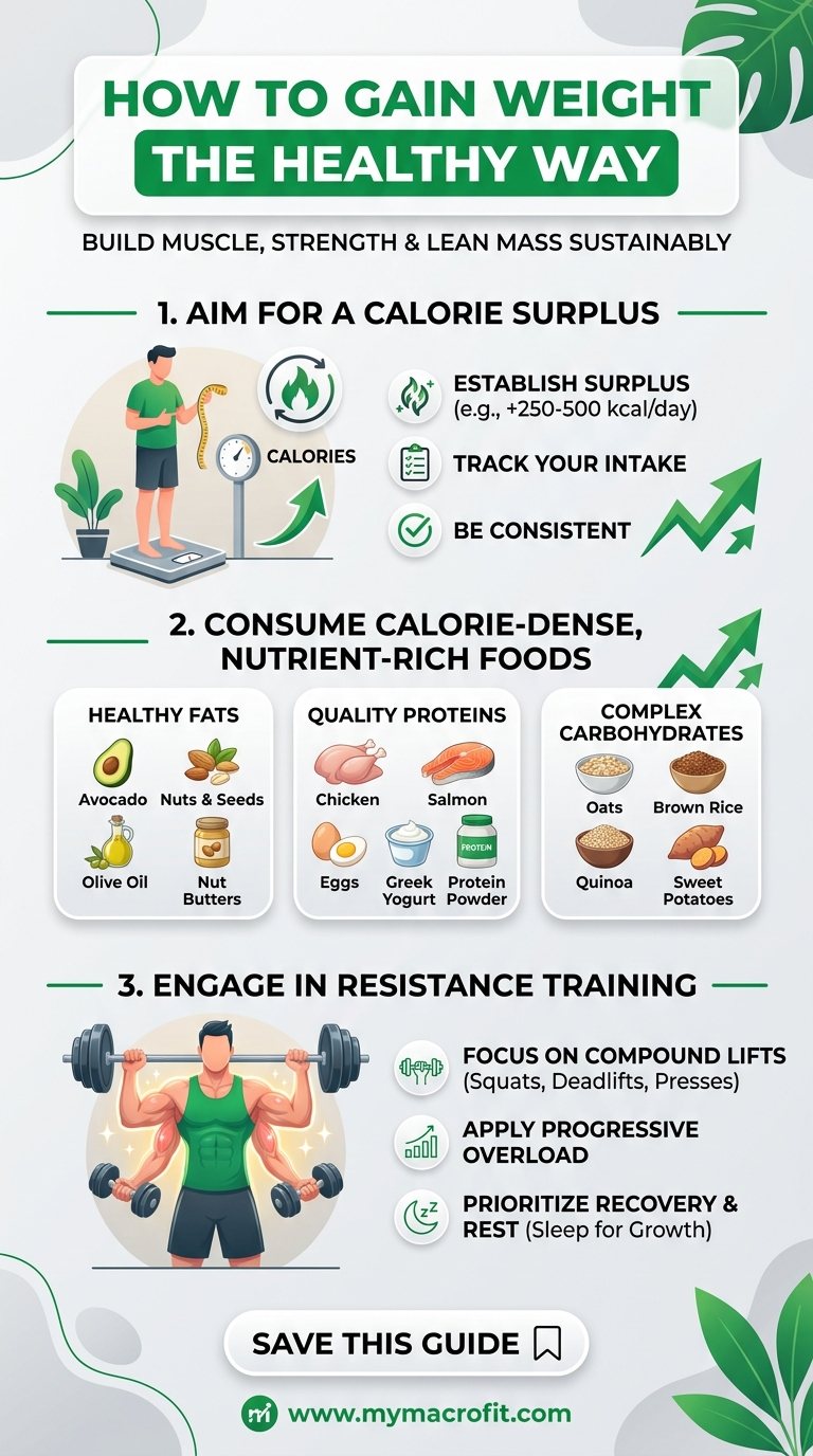 How to gain weight the healthy way, calorie surplus targets, best foods for weight gain, and training for lean mass