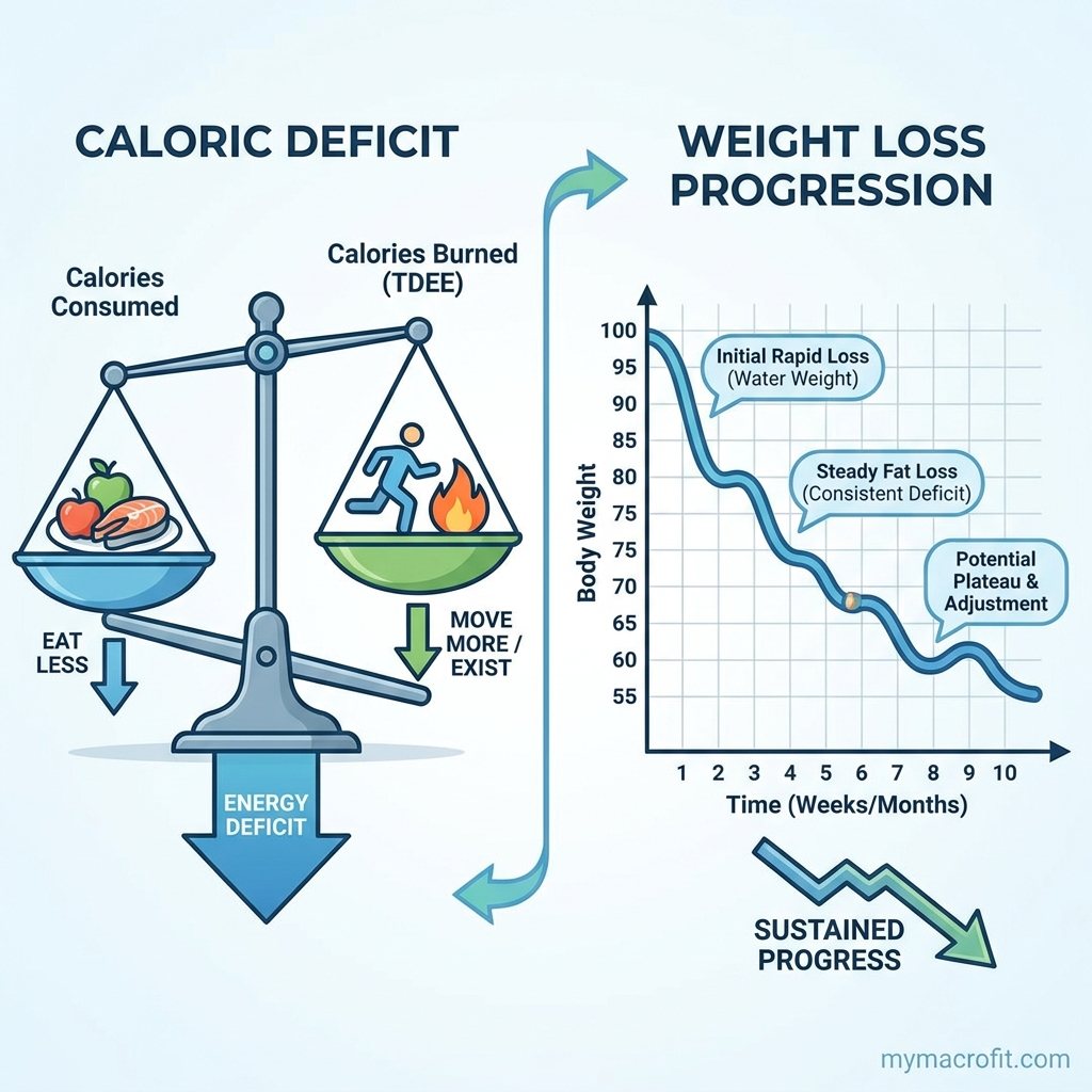 How long to lose 10kg chart, weeks to goal at 0.5, 0.75 and 1kg per week with corresponding daily calorie deficits