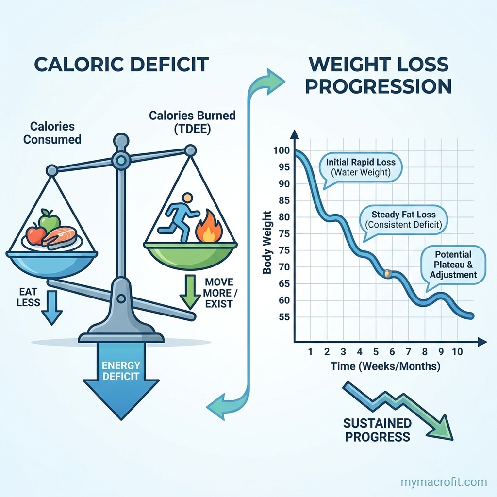 How long to lose 10kg chart, weeks to goal at 0.5, 0.75 and 1kg per week with corresponding daily calorie deficits