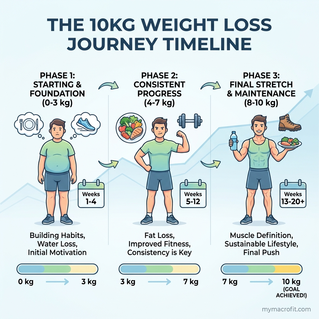 How to lose 10kg, step-by-step timeline showing 0.5-1 kg per week at a 500 kcal daily deficit