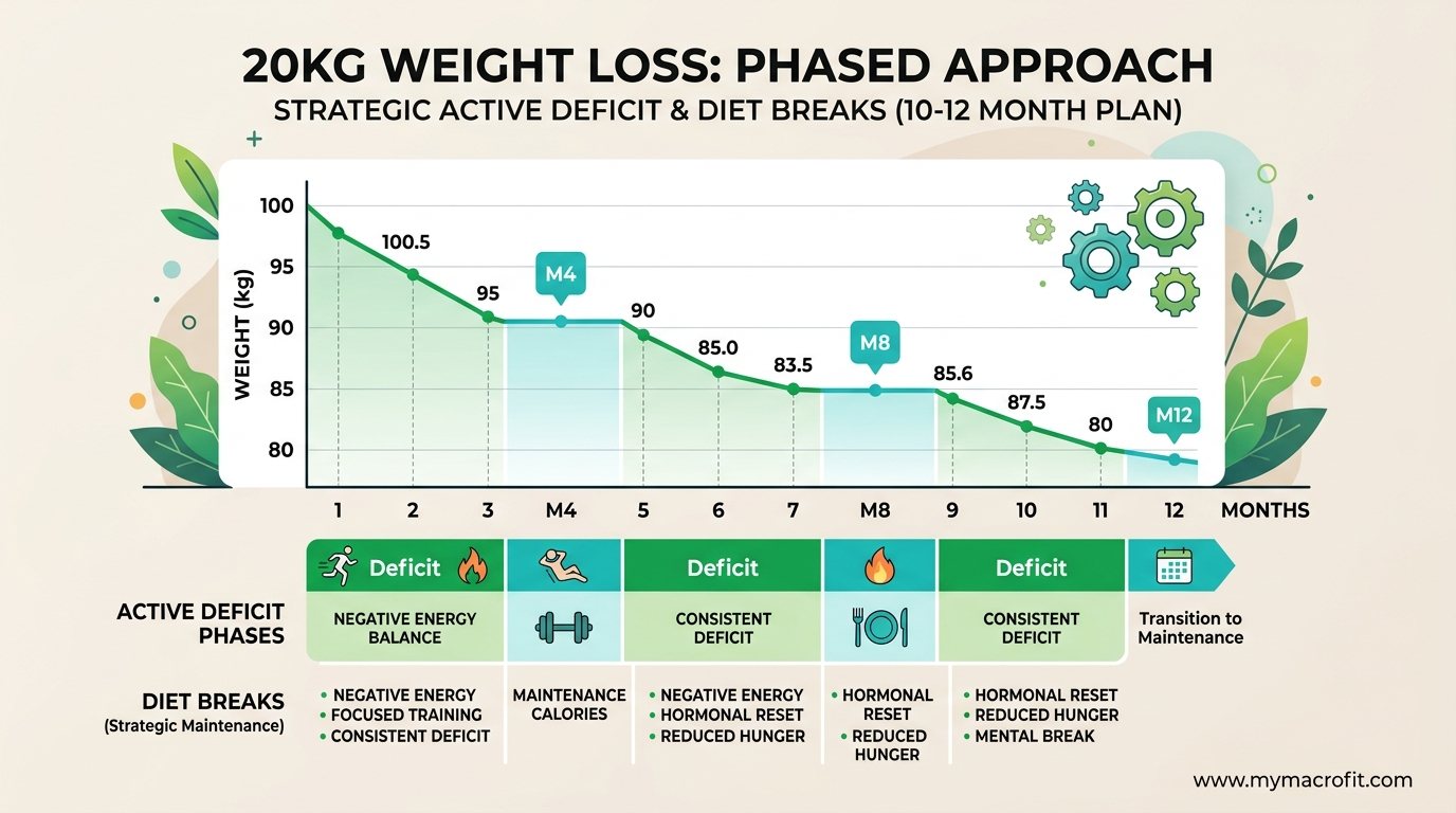 20kg weight loss phased approach chart, showing active deficit phases, diet breaks, and expected progress over 10-12 months