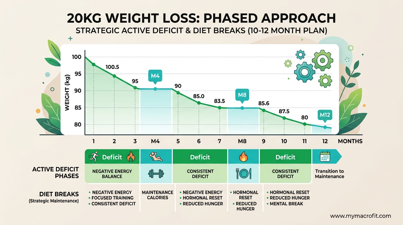 20kg weight loss phased approach chart, showing active deficit phases, diet breaks, and expected progress over 10-12 months