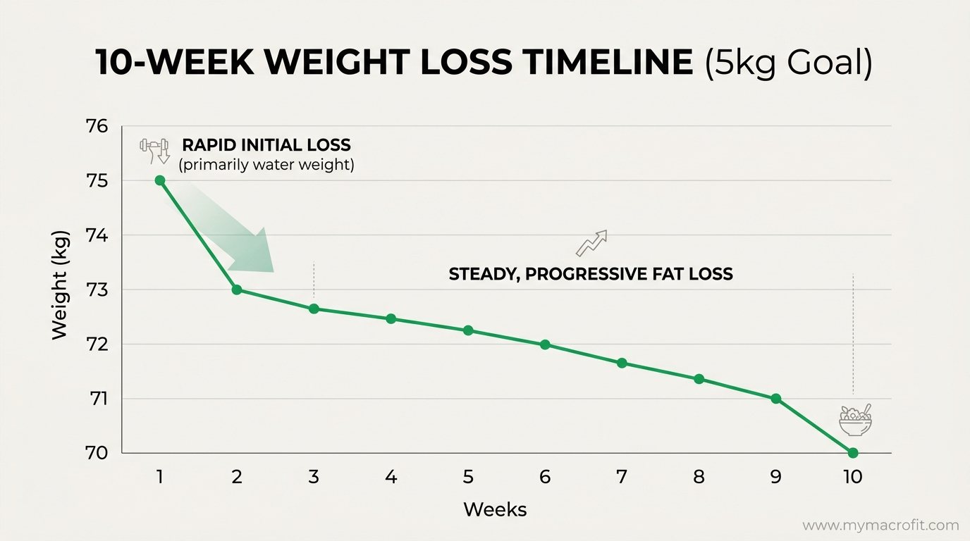 5kg weight loss timeline chart, showing expected scale weight by week including water weight fluctuations