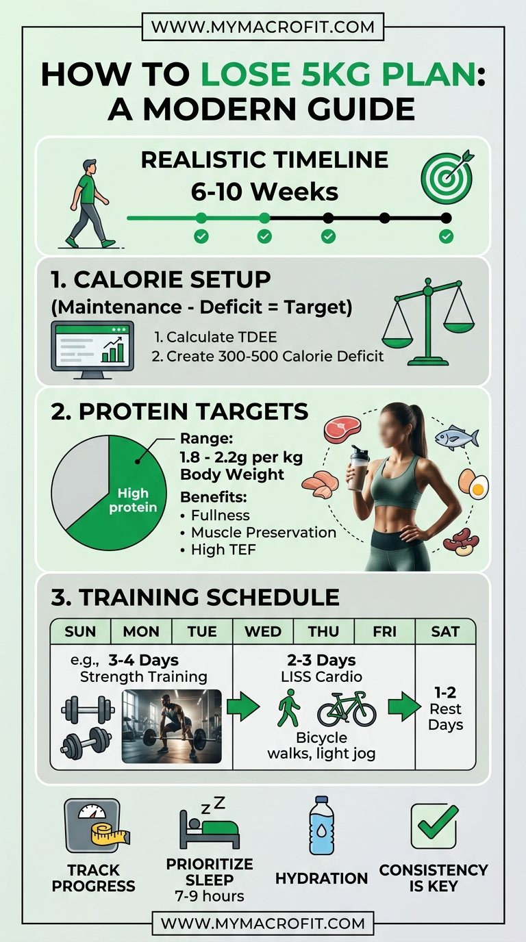How to lose 5kg plan, calorie setup, protein target, training schedule and realistic timeline