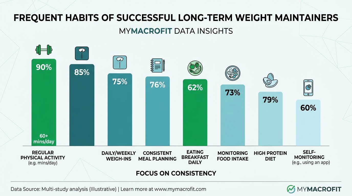 Weight maintenance habits frequency, showing what percentage of successful long-term maintainers engage in each behaviour