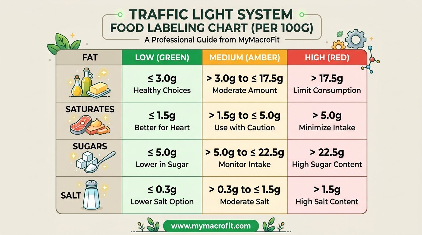 Traffic light food label guide, high, medium and low thresholds for fat, saturates, sugars, and salt per 100g