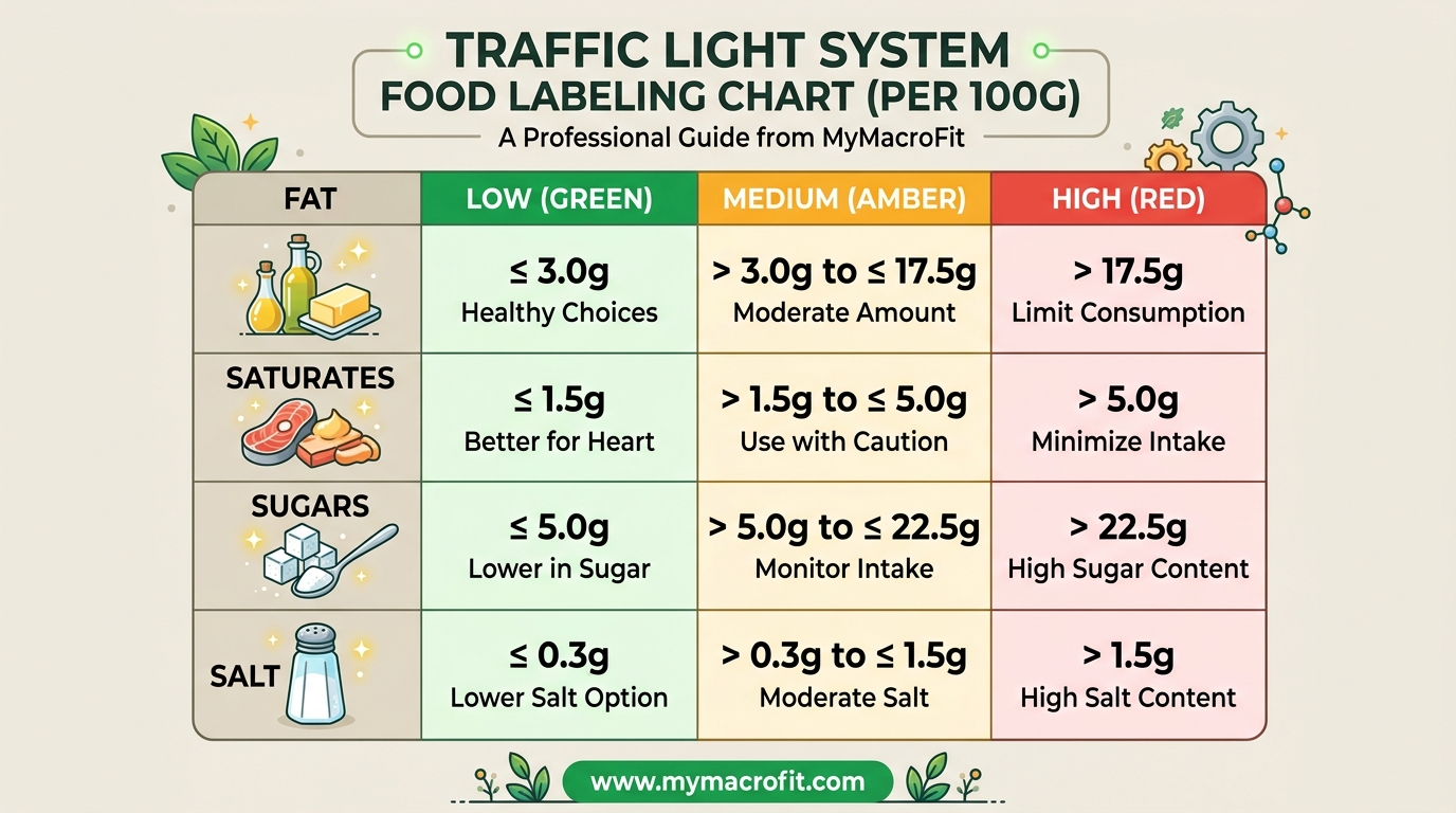 Traffic light food label guide, high, medium and low thresholds for fat, saturates, sugars, and salt per 100g