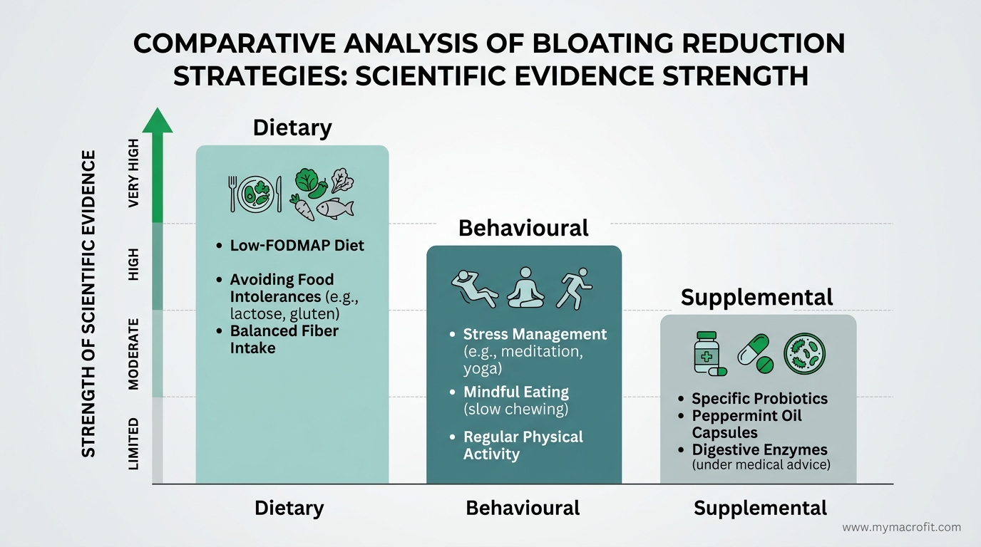 Bloating reduction strategies ranked by evidence, dietary, behavioural, and supplemental approaches