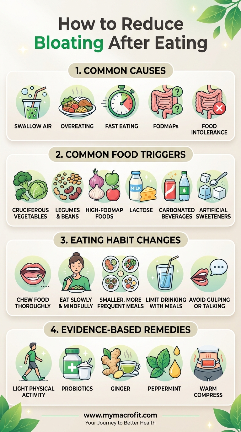 How to reduce bloating, causes, food triggers, eating habit changes, and evidence-based remedies