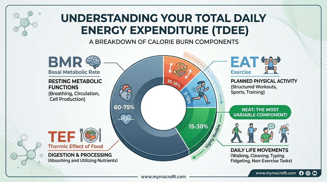 TDEE components breakdown, showing what percentage each component contributes to total daily energy expenditure