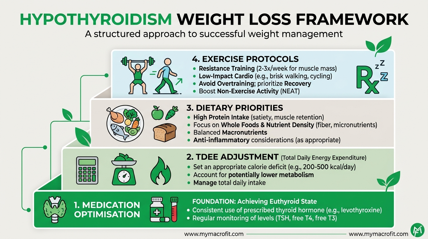 Hypothyroidism weight loss framework, medication optimisation, TDEE adjustment, dietary priorities and exercise protocol