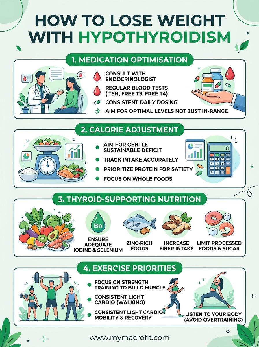 Hypothyroidism weight loss guide, medication optimisation, calorie adjustment, thyroid-supporting nutrition and exercise priorities