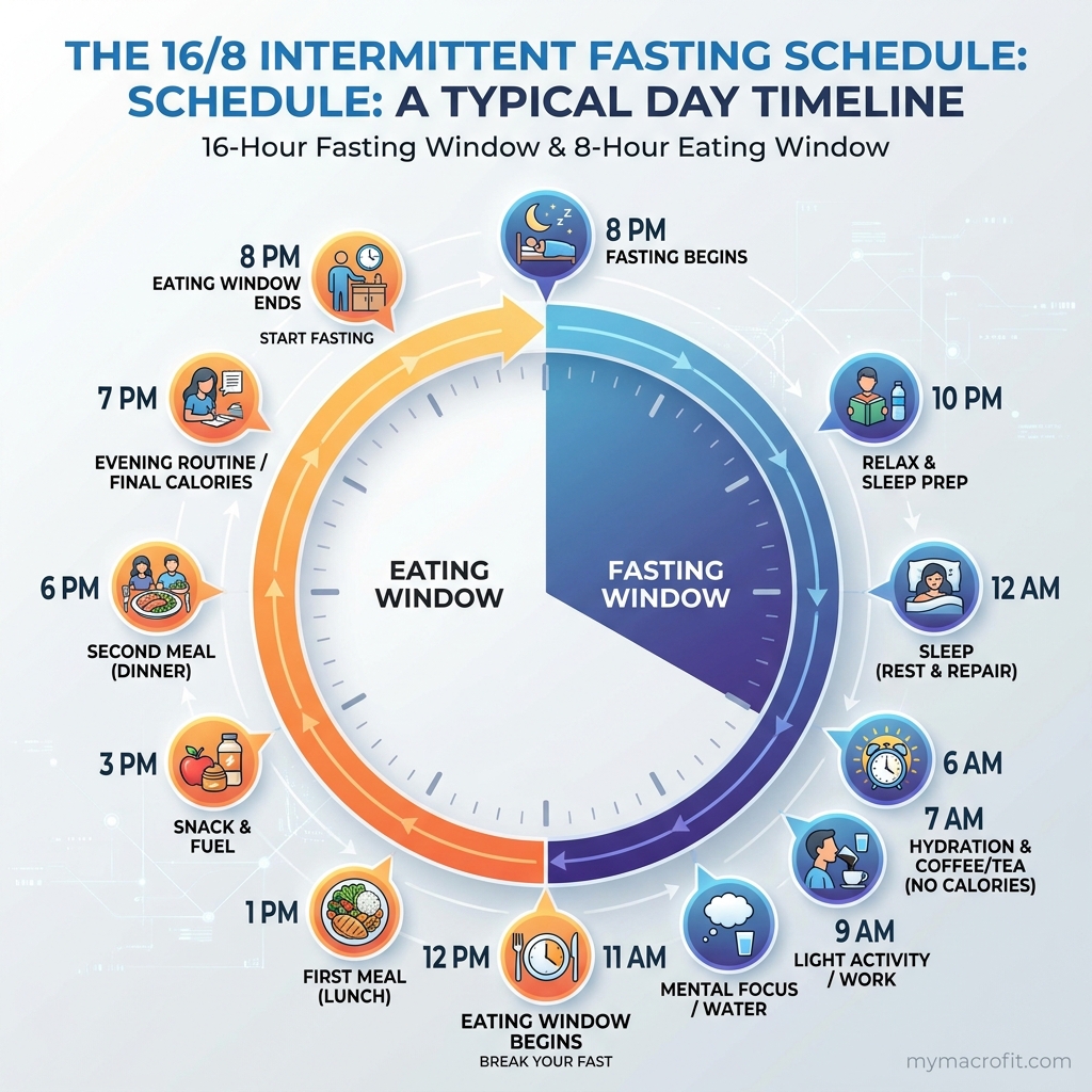 16:8 intermittent fasting clock, 16-hour fasting window vs 8-hour eating window on a 24-hour timeline