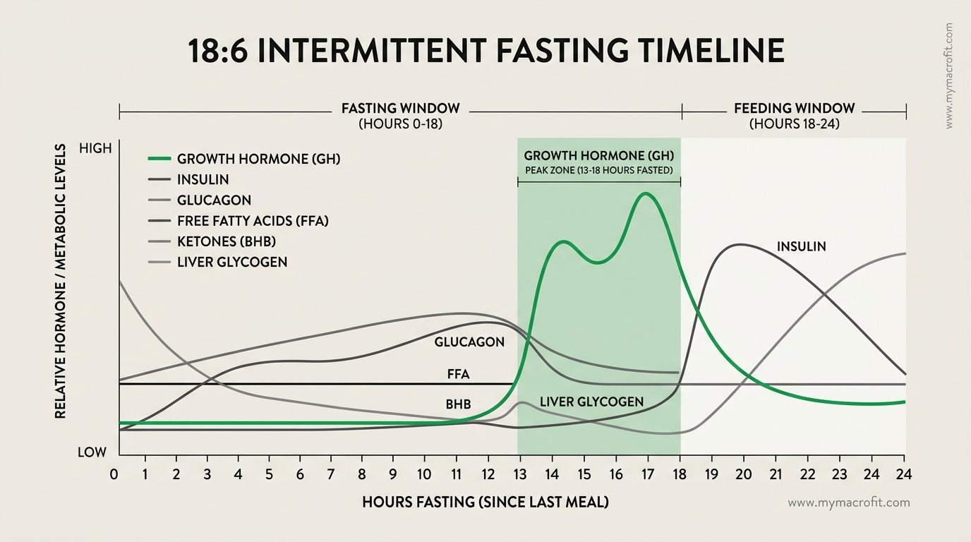 18:6 fasting timeline, showing metabolic changes, hormonal shifts, and optimal eating window placement